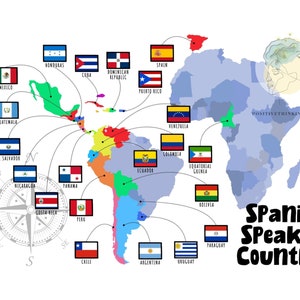 Kaart Spaanstalige landen, Spaanse landen, prikbord Spaans erfgoedmaand, Spaanse vlaggen, vlaggen Spaanse landen
