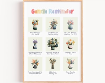 Reminders For Hard Days Wall Print, Therapy Office Decor School Counselling, Positive Classroom Message Posters Gentle Reminders Affirmation