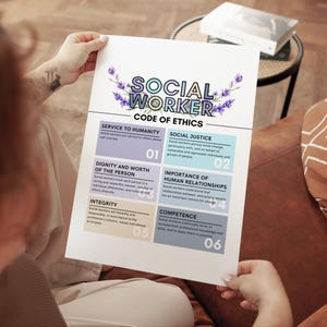Puede incluir: Una persona sostiene un papel blanco titulado "Código de Ética del Trabajador Social". El documento presenta acentos florales de lavanda y secciones sobre servicio a la humanidad, justicia social, dignidad, integridad y competencia.