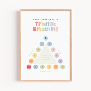 Puede incluir: Un póster enmarcado con el texto "CALM YOURSELF WITH Triangle Breathing". El póster presenta un diagrama colorido que ilustra un ejercicio de respiración triangular, con pasos numerados y afirmaciones. El marco es de color marrón claro.