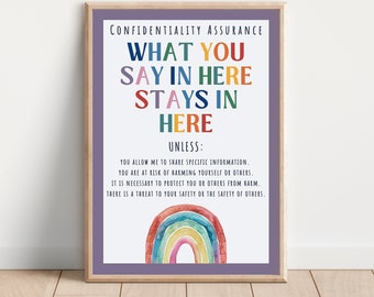 May include: A framed print with a rainbow design and the text "CONFIDENTIALITY ASSURANCE WHAT YOU SAY IN HERE STAYS IN HERE UNLESS: YOU ALLOW ME TO SHARE SPECIFIC INFORMATION. YOU ARE AT RISK OF HARMING YOURSELF OR OTHERS. IT IS NECESSARY TO PROTECT YOU OR OTHERS FROM HARM. THERE IS A THREAT TO YOUR SAFETY OR THE SAFETY OF OTHERS."