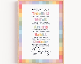 Observa cómo tus pensamientos se convierten en palabras, cita de Mahatma Gandhi, láminas de arte para el aula, póster inspirador, afirmaciones positivas para la oficina