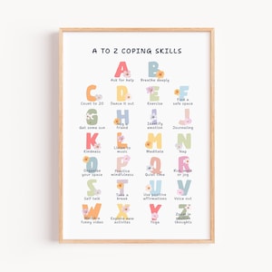以下が含まれることがあります： 「A to Z Coping Skills」というテキストがカラフルで遊び心のあるフォントで書かれた額入りのプリント。アルファベットの各文字は、「深呼吸」や「瞑想」などの対処スキルとペアになっています。プリントは花のアクセントで飾られています。