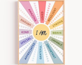 Rainbow Affirmations Wall Art, Affirmation Poster For Kids, I Am Kind Strong Loved Brave, Inspirational Poster, Positive Affirmations
