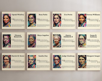 May include: A collage of 12 portraits of influential women with their names and quotes. The portraits are colorful and abstract, with a retro style. The women featured are Oprah Winfrey, Rosa Parks, Eva Perón, Serena Williams, Eleanor Roosevelt, Maya Angelou, Queen Elizabeth II, Susan B. Anthony, Harriet B. Stowe, Sandra Day, Judge Ginsburg, and Margaret Sanger.