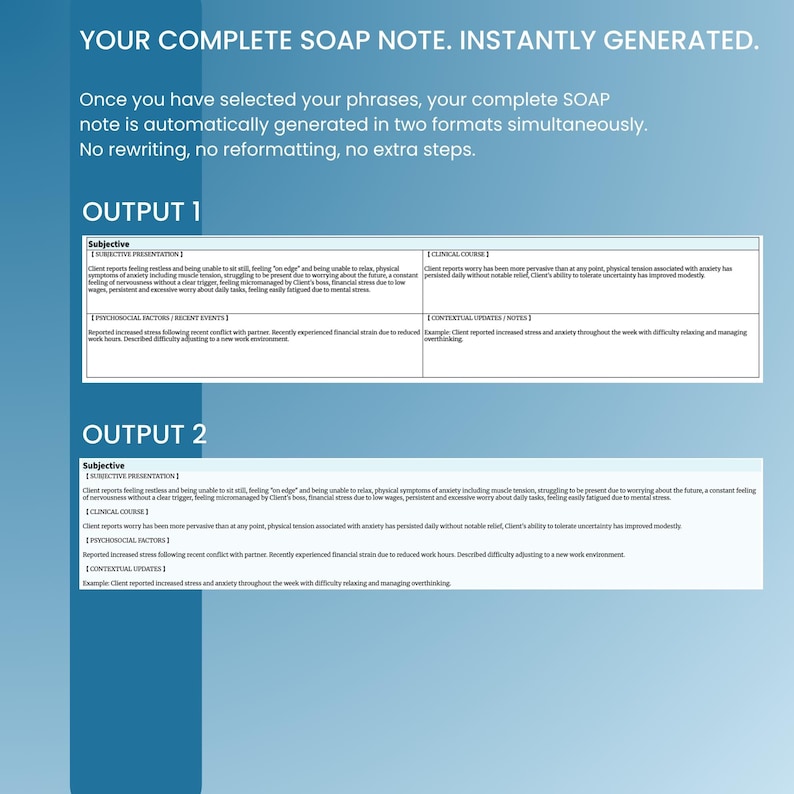 K&ouml;nnte beinhalten: Eine blaue digitale Grafik mit dem Text YOUR COMPLETE SOAP NOTE. INSTANTLY GENERATED. Sie zeigt zwei Ausgabeformate f&uuml;r klinische Notizen, wobei Output 1 in Tabellenform und Output 2 als Liste dargestellt ist, beide mit Beispieltext.