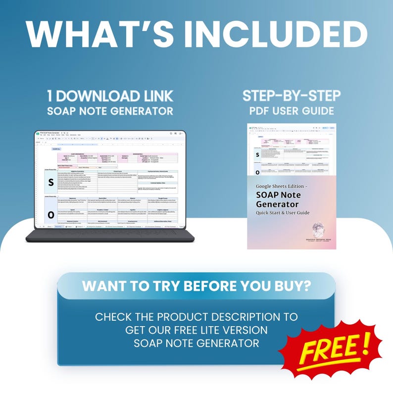 K&ouml;nnte beinhalten: Eine digitale Produktanzeige mit einer SOAP Note Generator-Tabelle auf einem Laptop-Bildschirm und einem PDF-Benutzerhandbuch. Der Text umfasst WHAT'S INCLUDED, 1 DOWNLOAD LINK SOAP NOTE GENERATOR, STEP-BY-STEP PDF USER GUIDE und WANT TO TRY BEFORE YOU BUY?
