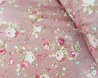 Vintage Rose Floral Fabric - Dusky Pink - 100% Cotton Poplin - Rose & Hubble