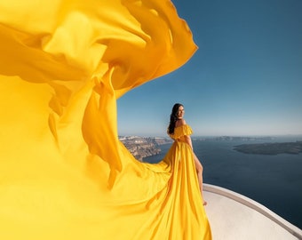 Schulterfrei Fliegen-Fotografie-Kleid, Fliegen-Kleid für Fotoshooting, Langes Fliegen-Kleid, Santorini-Kleid, Hochzeitskleid, Langes Zug-Kleid
