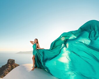 Long Flying Dress | Flying Dress for Photoshoot| Long Train Dress | Photoshoot Dress | Flowy Dress | Satin Dress | Santorini Flying Dress