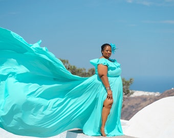 Long Flying Dress | Flying Dress for Photoshoot| Long Train Dress | Photoshoot Dress | Flowy Dress | Satin Dress | Santorini Flying Dress