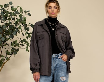 Jessi french terry vintage shacket, vintage style button down, vintage shacket, casual button down, charcoal blouse, casual shacket