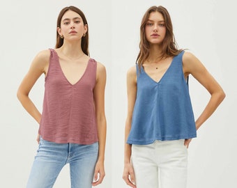 Branny knotted shoulder tank top, oversized top, flowy tank, sleeveless solid top, summer casual top, solid tank top, solid casual blouse,