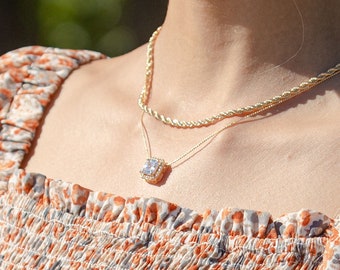 Cortney layered necklace, cubic diamond necklace, diamond jewelry, gold jewelry, fake diamond, fake jewelry, colored diamond necklace