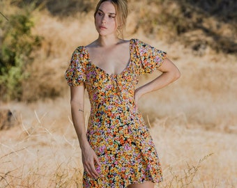 Natalie ditsy floral mini dress, flower patten dress, summer dress, boho chic dress, bohemian mini dress, daily dress, romantic dress