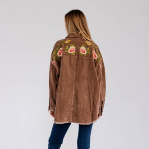 Tori embroidered corduroy shacket, corduroy button down, embroidered shirt, bohemian top, vintage shacket, embroidery, vintage jacket Toffee