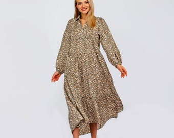 Robe longue Olivia, robe à manches longues, robe longue fleurie, robe de maternité, robe de maman, robe bohème chic, robe olive, robe imprimée de fleurs