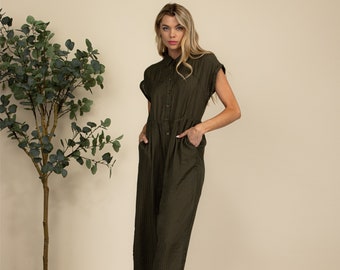 Olive jumpsuit, wide-pants jumpsuit, stirped jumpsuit, solid jumpsuit, casual romper, wide pants, overall jumpsuit,