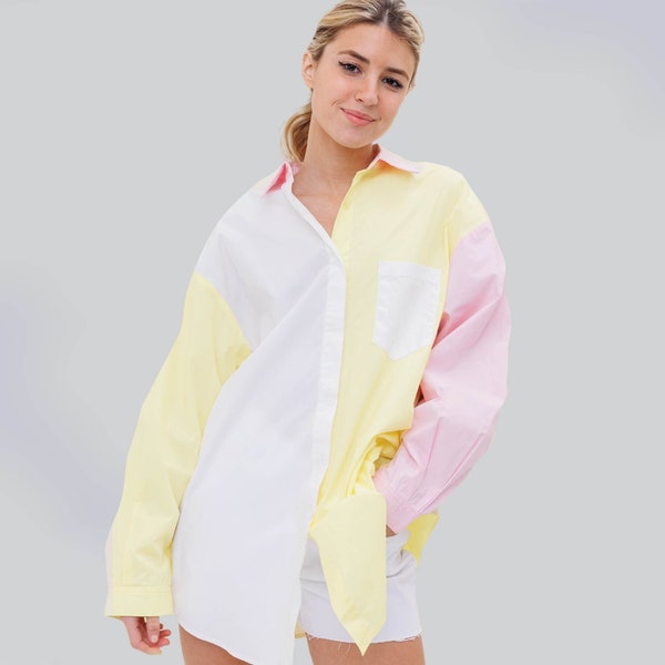 Leah color block oversized cotton shirt, button-down shirts, bulky shirts, color block shirts, pink shirt, cotton blouse, ivory shirt