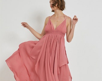 Mauve beach long dress, flowy maxi dress, smocking dress, sundress, pink dress, pink maxi dress, open back dress, sexy back long dress