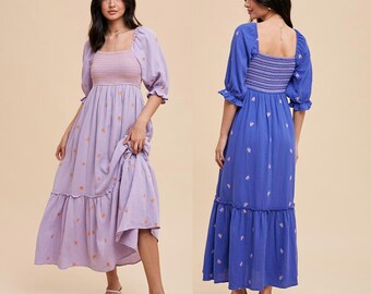 Robe longue bohème brodée, robe smockée, robe de maternité bohème, robe d'invité de mariage, robe de rendez-vous, robe longue bohème chic