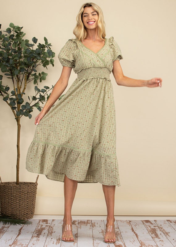 Buy Emily Lace Trimmed Midi Dress, Bohemian Dress, Pistachio Dress 
