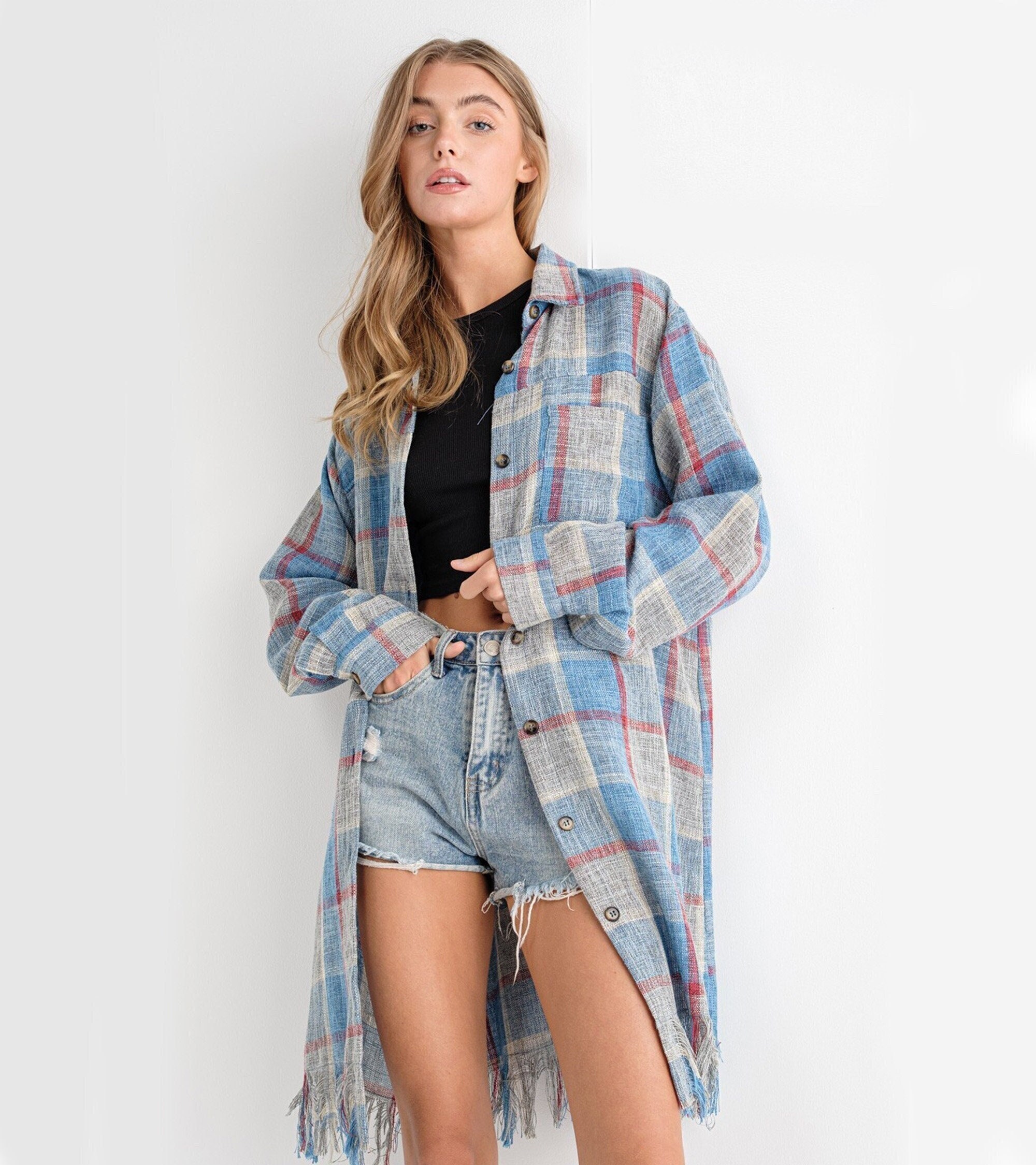 Long plaid duster cardigan sales