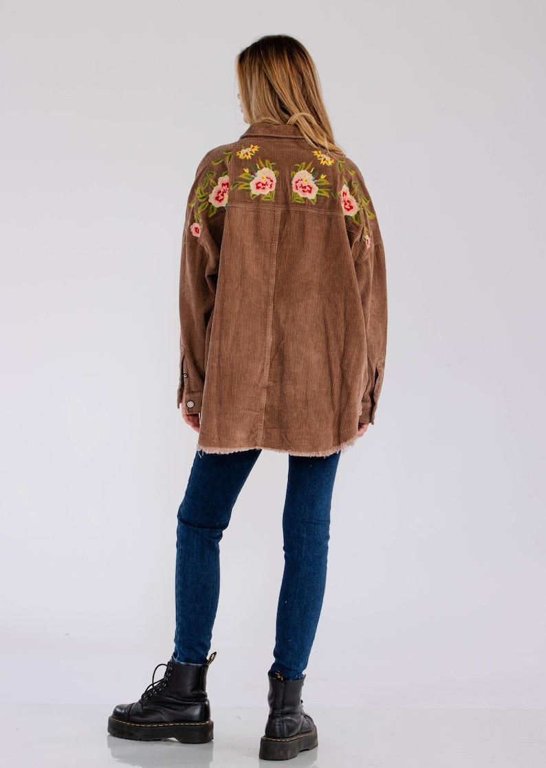 Tori embroidered corduroy shacket, corduroy button down, embroidered shirt, bohemian top, vintage shacket, embroidery, vintage jacket Toffee