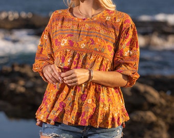 Shaily printed baby doll top, bohemian blouse, fall blouse, boho-chic blouse, bohemian printed blouse, boho top, orange top, printed top.