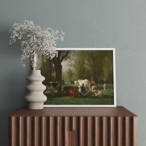 Vintage Painting Cottagecore Aesthetic Landscape with Cattle and Sheep Country Living Digital Download