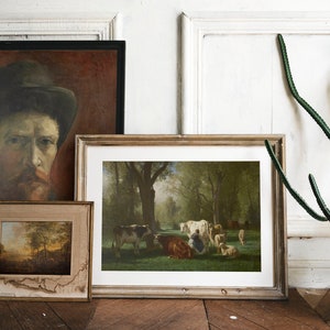 Set of 3 Vintage Paintings Cottagecore Dark Aesthetic Vincent Van Gogh Landscape with Cattle and Sheep and Figures Digital Download