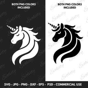Lindo unicornio SVG Vector y silueta de cabeza de unicornio mágico Clipart PNG Archivo de corte ideal para proyectos de fantasía y regalos para niños