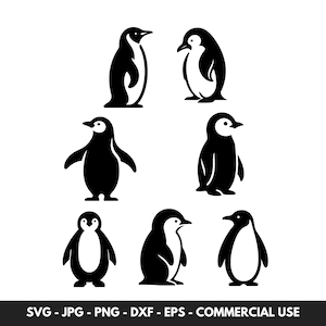 Paquete de vectores SVG de pingüino con 7 lindas siluetas de pingüinos en formato PNG, ideal para proyectos de manualidades con animales y regalos para niños