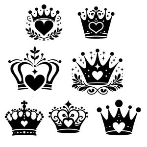 Couronne avec coeur SVG Vector Bundle avec 7 princesse reine Silhouette PNG Clipart parfait cadeaux pour les jeunes mariés ou des projets de mariage