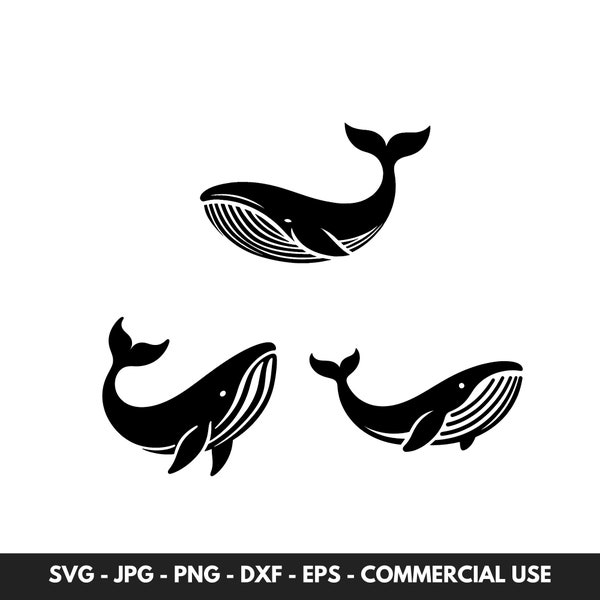 Whale SVG Bundle, 3 Whale Vectors, Whale Silhouette, Marine PNG, Whale Clipart, Ocean Svg, Png, Dxf, Jpeg, Eps, Instant Download