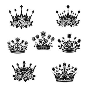 Kroon en rozen SVG-vectorbundel met 7 kroon met rozen silhouet PNG-clipart perfect voor Royal Monarch-projecten en cadeaus voor haar