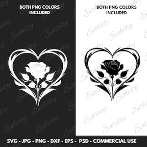 Bellissimo cuore con rosa SVG File di taglio Fiore Rosa Cuore Vettore e Clipart, Eps, Png, Jpeg, Dxf, Download immediato, Regalo di San Valentino per lei