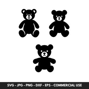 May include: Three black teddy bear silhouettes, two sitting with their legs spread out and one standing with its legs together.