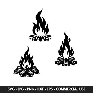 Pacote de vetores SVG de fogueira com 3 clipart de silhueta de acampamento de campista PNG, ideal para projetos de artesanato ao ar livre e presentes para campistas e caminhantes
