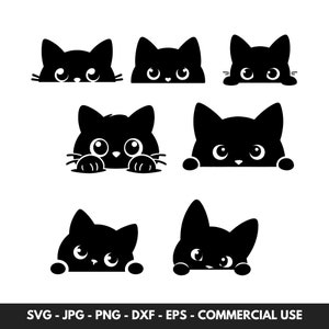 Bundle de vecteur SVG furtivement chat avec 7 tête de chat mignon Silhouette Clipart PNG coupe fichier en téléchargement numérique Cadeau pour les amoureux des animaux Cadeau pour lui et elle