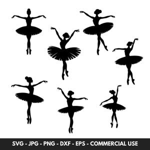 Paquete de vectores SVG de bailarina con 7 siluetas de bailarinas bailando y archivo de corte PNG de ballet Descarga digital Regalo para amantes de la danza