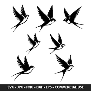 Bundle de vecteur SVG hirondelle avec 7 hirondelles en vol Silhouette Clipart PNG fichier en téléchargement numérique idéal pour les projets de cadeaux sur le thème des animaux