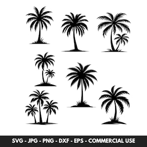 Pacchetto vettoriale SVG di palme con 7 silhouette di palme PNG Clipart, Dxf, Jpeg, Eps, download digitale per progetti di vacanze estive in spiaggia