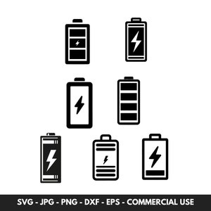 バッテリー SVG ベクター バンドル、7 つのバッテリー クリップアート シルエット PNG 付き、DIY プロジェクトや商用利用に最適、ユニークなクラフト ギフト