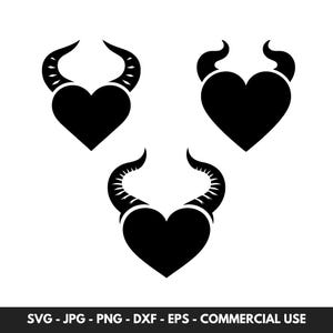 Heart With Horns SVG Bundle With 3 Heart Silhouettes Cute Devil Heart Clipart PNG Cut File Ideal Gift For Friend or Her to Valentine&#39;s Day