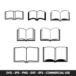 Paquete SVG de libro abierto con 7 siluetas de libros, imágenes prediseñadas vectoriales, archivos PNG para cortar, ideal para proyectos de lectura y enseñanza y regalo para lectores