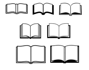 May include: Set of six black and white open book icons. The books are all the same size and shape, but they are arranged in different positions. The icons are simple and modern, and they would be perfect for use in a website or app.