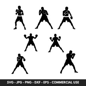 Paquete SVG de boxeador con 7 siluetas de boxeador, imágenes prediseñadas vectoriales, archivos PNG, ideales para proyectos deportivos y regalos para él y para ella.