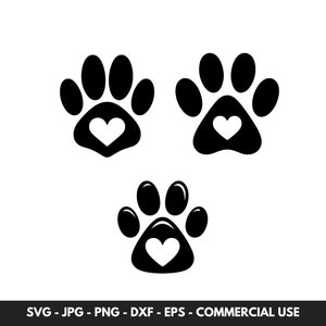 May include: Three black paw prints with a white heart in the center of each. The paw prints are in different orientations.