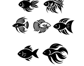 Aquarium Fish SVG Bundle, 7 Aquarium Fish Vectors, Fish Clipart, Fish Silhouette, Goldfish PNG, Png, Dxf, Jpeg, Eps, Commercial Use